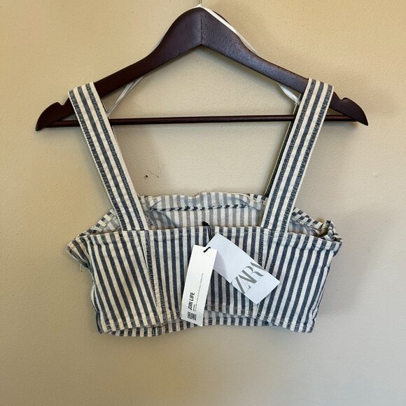 NWT Zara Denim Crop Top White Blue Striped Side Zipper Size Medium - Picture 2 of 15